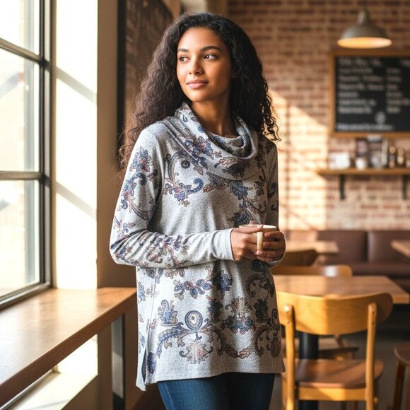 Cactus & Pear Floral Cowl Neck Long Sleeve Tunic Top with Beaded Embellishments - Picture 3 of 13